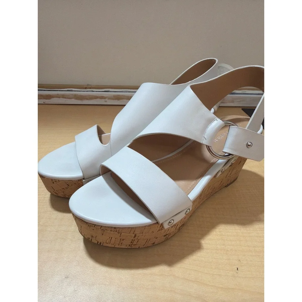 Marc Fisher White Leather Cork Platform Wedge Sandals Silver Studs Womens 7.5M